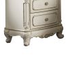 3 Drawer Nightstand with Floral Motif Carving Details, Antique White and Brown