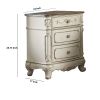 3 Drawer Nightstand with Floral Motif Carving Details, Antique White and Brown