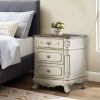 3 Drawer Nightstand with Floral Motif Carving Details, Antique White and Brown
