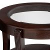 Oval Top Wooden End Table with Glass Insert and Open Shelf, Espresso Brown