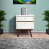 2 Drawer Wooden Nightstand with Angled Legs, White and Brown