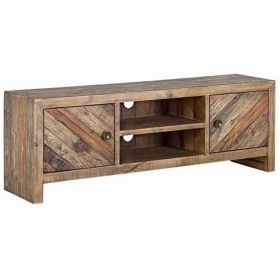 Wooden TV Console with 2 Cabinets and Open Center Shelf, Weathered Brown