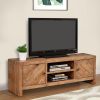 Wooden TV Console with 2 Cabinets and Open Center Shelf, Weathered Brown