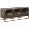 3 Drawer TV Console with Sled Base and 3 Open Compartments, Brown and Gold