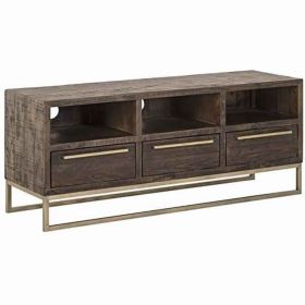 3 Drawer TV Console with Sled Base and 3 Open Compartments, Brown and Gold
