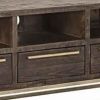 3 Drawer TV Console with Sled Base and 3 Open Compartments, Brown and Gold