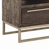 3 Drawer TV Console with Sled Base and 3 Open Compartments, Brown and Gold