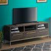 3 Drawer TV Console with Sled Base and 3 Open Compartments, Brown and Gold