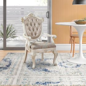 Wooden Arm Chair with Floral Patterned Padded Seat, Set of 2,White and Gold