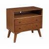 2 Drawer Wooden Nightstand with Open Compartment and Splayed Legs, Brown