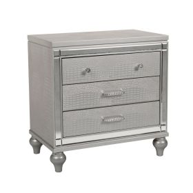 3 Drawer Wooden Nightstand with Mirror Accents and Faux Crystal Pulls, Gray