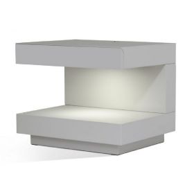 Contemporary Squared C Shaped Wooden Nightstand with LED Light, Gray