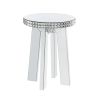 Round Mirror Panel Inlay End Table with Faux Crystals Accents, Silver
