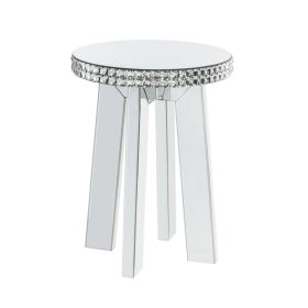 Round Mirror Panel Inlay End Table with Faux Crystals Accents, Silver