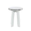 Round Mirror Panel Inlay End Table with Faux Crystals Accents, Silver