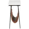 Marble Top Accent Table with Faux Leather Swing Holder, White and Brown