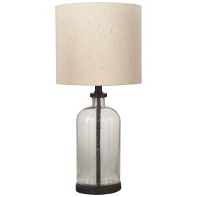 Cylindrical Seeded Glass Table Lamp with Fabric Drum Shade, Beige and Clear
