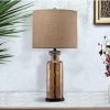 Glass Table Lamp with Fabric Drum Shade, Gold and Beige