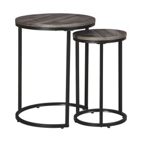 Round Wooden Top Metal Accent Table, Set of 2, Gray and Black