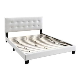 Queen Leatherette Bed with Checkered Tufted Headboard, White
