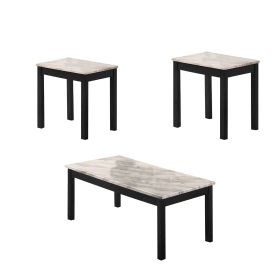 3 Piece Coffee Table and End Table with Faux Marble Top, Black and White