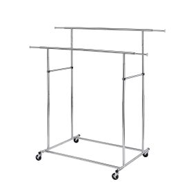 Dual Bar Tubular Metal Frame Garment Rack with Casters, Chrome