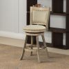 Curved Back Wood Swivel Counter Stool, Nailhead Trim, Driftwood Wire-Brush, Ivory