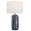 27 Inch Ceramic Table Lamp, Wavy Texture, Blue, Silver, White