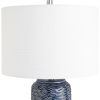 27 Inch Ceramic Table Lamp, Wavy Texture, Blue, Silver, White