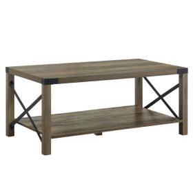 Eli 47 Inch Wood Coffee Table, Metal Brackets, Cross Bars, Rustic Oak Brown