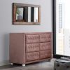Rex 40 Inch Modern Upholstered Dresser, 6 Drawers, Crystal Handles, Pink