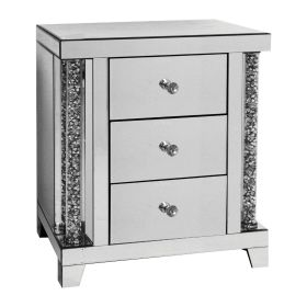 Noe 26 Inch 3 Drawer Accent Table Nightstand, Mirrored, Faux Diamond Inlay, Silver