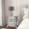 Noe 26 Inch 3 Drawer Accent Table Nightstand, Mirrored, Faux Diamond Inlay, Silver