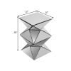20 Inch Modern End Table, Square Mirror Top, Silver Geometric Pedestal Base
