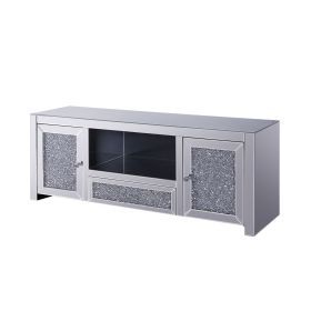 Noe 59 Inch Wood TV Entertainment Media Console, Faux Diamond Inlay, Silver