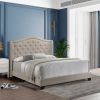 Queen Size Bed, Beige Fabric Upholstered, Camel Back, Button Tufted