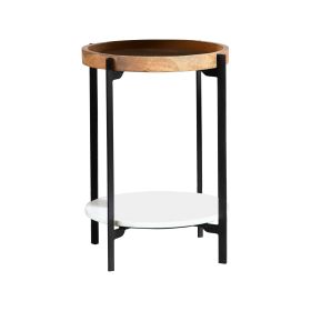 24 Inch Modern End Accent Table, Round Marble Shelf, Wood, White, Brown
