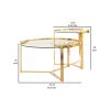 23 Inch Round Nesting Accent Tables, Glass Top, Metal Base, Set of 2, Gold