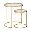 23 Inch Round Nesting Tables, Glass, Metal Base, Set of 2, Gold, Clear