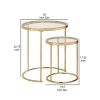 23 Inch Round Nesting Tables, Glass, Metal Base, Set of 2, Gold, Clear