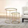 23 Inch Round Nesting Tables, Glass, Metal Base, Set of 2, Gold, Clear