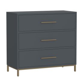 Max 36 Inch 3 Drawer Small Dresser Chest, Brass Metal Frame, Slate Gray