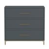 Max 36 Inch 3 Drawer Small Dresser Chest, Brass Metal Frame, Slate Gray