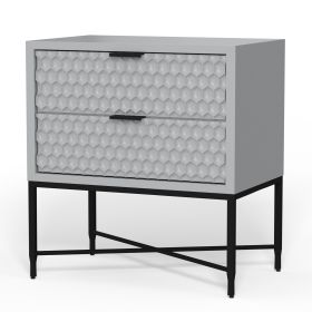 Rexi 26 Inch 2 Drawer Nightstand, Honeycomb, Mahogany, Light Gray, Black