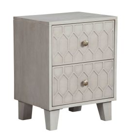 Rue 26 Inch 2 Drawer Nightstand, Textured Honeycomb Design, Light Gray
