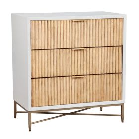 Eli 34 Inch 3 Drawer Small Dresser Nightstand, Corrugated Panels, White, Gold