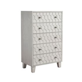 Rue 48 Inch 5 Drawer Dresser Chest, Textured Honeycomb Design, Light Gray