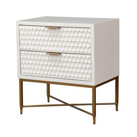 Rexi 26 Inch 2 Drawer Nightstand, Honeycomb, Mahogany Wood, White, Gold