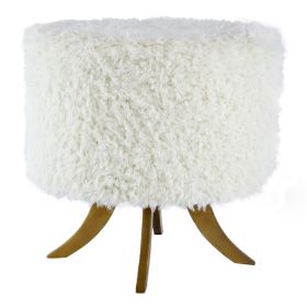 20 Inch Ottoman, Foam Filled, Shearling Fabric, Wood Frame, White, Brown