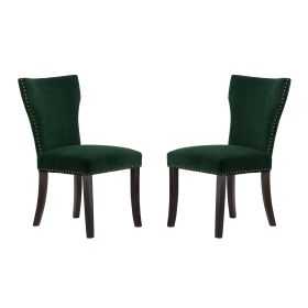 Devi 25 Inch Curved Dining Chair, Green Velvet Upholstery, Nailhead Trim